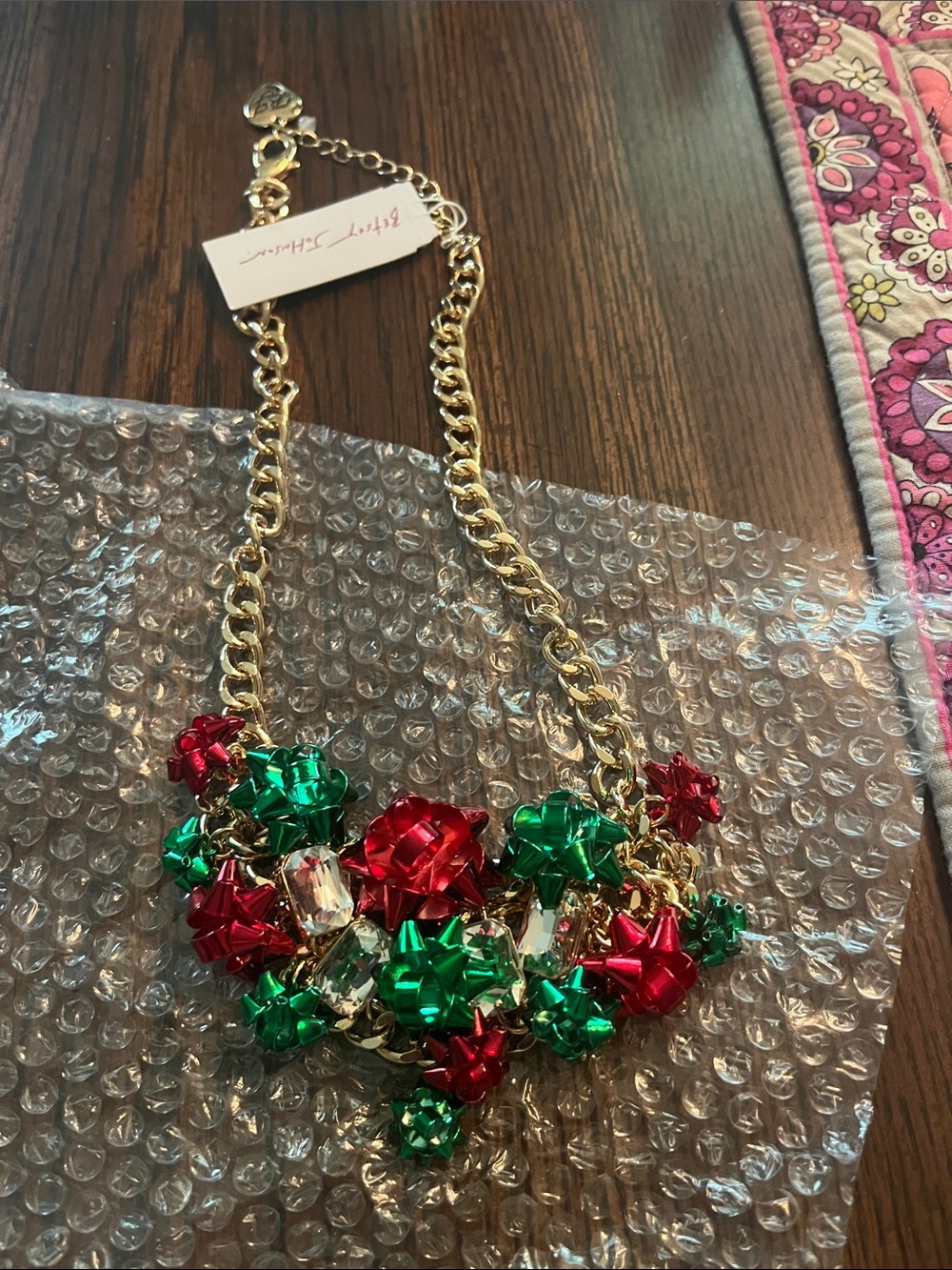 Betsey Johnson Gold-tone Necklace with Red & Green Bow Embellishments
